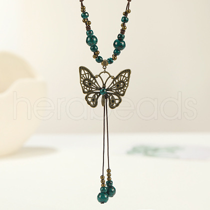 Ethnic Style Butterfly Alloy & Porcelain Beads Pendant Long Necklaces for Women FS-WG12891-08-1