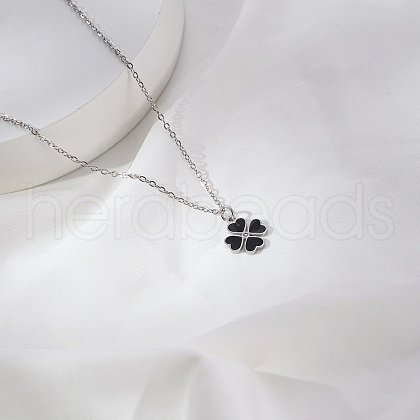 Simple Stainless Steel Black Enamel Heart Clover Pendant Necklaces for Women's Daily Wear YE9051-1-1