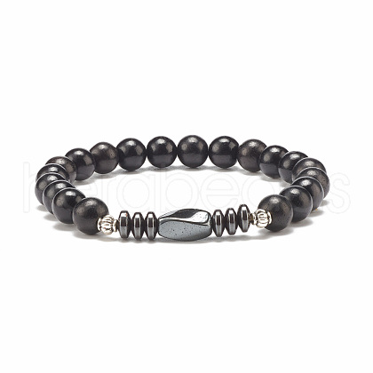 Natural Wood & Synthetic Hematite Beaded Stretch Bracelet BJEW-JB07809-1