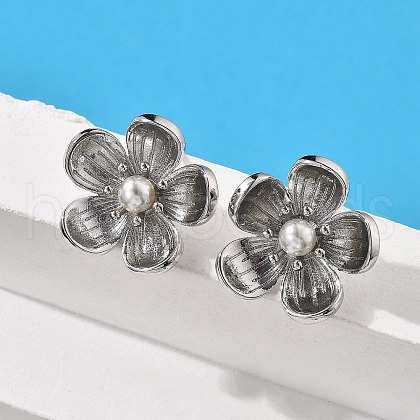Brass ABS Plastic Imitation Pearl Flower Stud Earrings EJEW-S258-05P-1