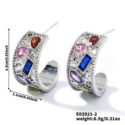 Retro C-Shaped Brass Crystal Cubic Zirconia Stud Earrings VX4280-2-1