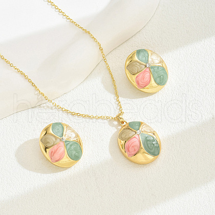 Oval with Flower Pattern Brass Enamel Pendant Necklaces & Stud Earrings Sets FS-WGB45B2-01-1