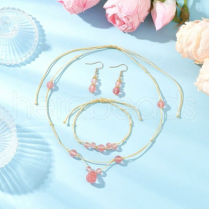 Round Cherry Quartz Glass Beaded Necklace & Bracelet & Dangle Earring Sets SJEW-JS01329-1