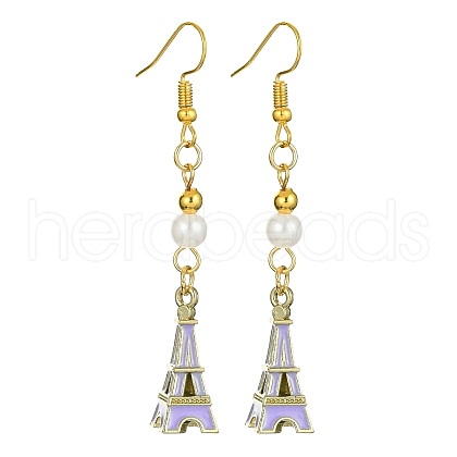 Alloy Enamel Eiffel Tower Dangle Earrings with Imitation Pearl Beaded EJEW-JE05422-02-1