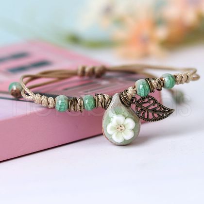 Adjustable Handmade Porcelain Flower Beads Braided Beads Bracelets WGFB2A7-09-1