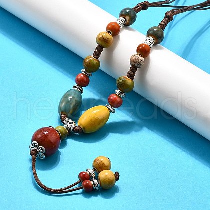 Ethnic Style Alloy & Porcelain Ceramic Beads Round Pendant Tassel Y Necklaces NJEW-D308-01A-1