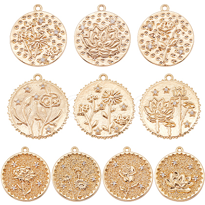 CREATCABIN 10Pcs 10 Style Brass Micro Pave Clear Cubic Zirconia Pendants KK-CN0002-02-1