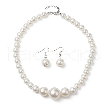 Round ABS Plastic Imitation Pearl Beads Necklace and Dangle Earring Sets for Women SJEW-JS01305-1