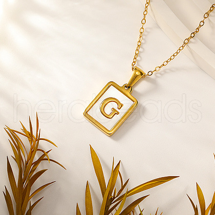 Rectangle Stainless Steel Pave Natural White Shell Initial Pendant Necklaces for Women FS-WGB5EDA-07-1