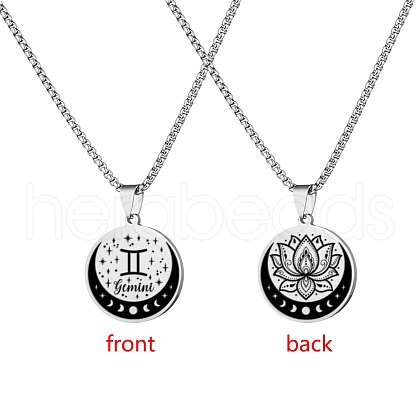 12 Constellation Stainless Steel Half Moon & Lotus Pendant Box Chain Necklaces PW-WGE44A0-05-1
