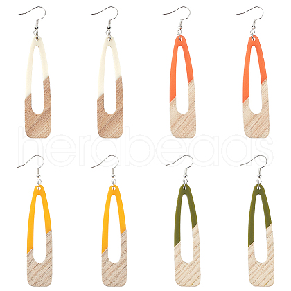 4 Pair 4 Color Resin & Wood Dangle Earrings EJEW-AB00042-1