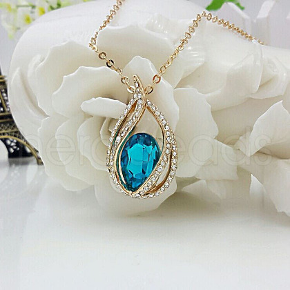 Teardrop Alloy Crystal Rhinestone & Glass Pendant Necklaces for Women FS-WGA4344-06-1