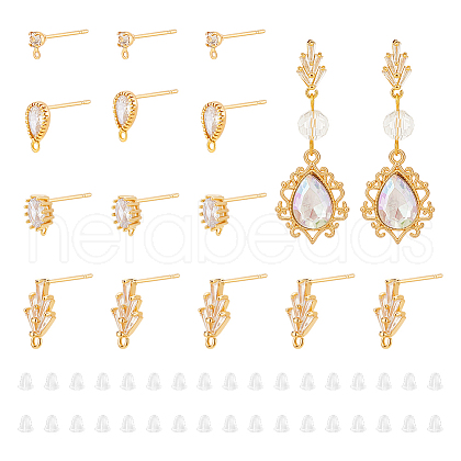 Unicraftale 24Pcs 4 Styles Brass Cubic Zirconia Stud Earring Findings KK-UN0002-77-1