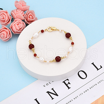 Natural Pearl and Red Agate Bead Links Bracelets BJEW-N031-02G-1