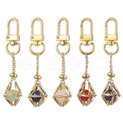 Stainless Steel Macrame Chain Pouch Round Natural Lapis Lazuli & Amethyst & Green Aventurine & Carnelian & Rose Quartz Holder Pendant Decorations HJEW-JM02050-01-1