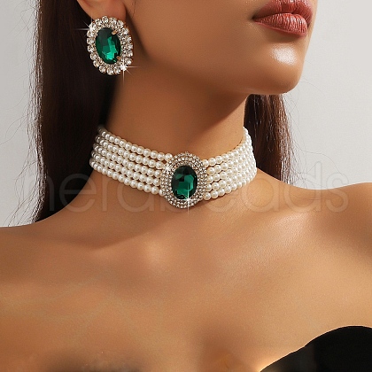 Oval Brass & Glass & Plastic Pearl Beaded Chain Collar & Stud Earrings Sets FS-WG5CD09-10-1