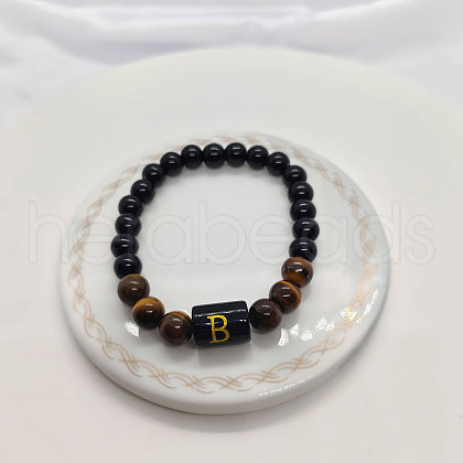 Natural Tiger Eye & Black Obsidian Round Beaded Stretch Braceletes WG32BD9-02-1