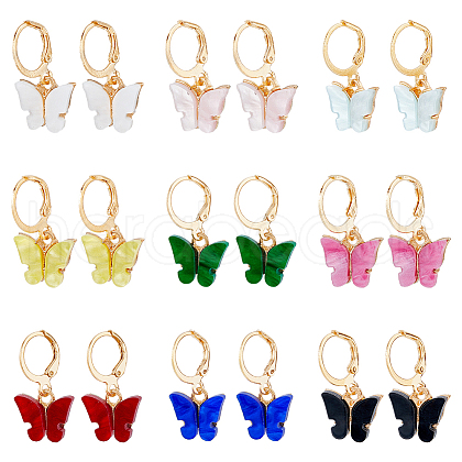 FIBLOOM 9 Pairs 9 Colors Butterfly Acrylic Dangle Leverback Earrings EJEW-FI0001-97-1