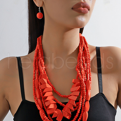 Bohemian Style Wood Beaded Multilayer Necklaces & Dangle Earrings Sets WG33684-08-1