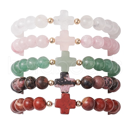 8mm Round & Cross Natural Mixed Gemstone Beaded Stretch Bracelets for Women BJEW-JB10930-1