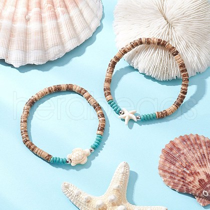 2Pcs Starfish & Tortoise Natural Coconut with Synthetic Turquoise Beads Stretch Bracelets for Men Women BJEW-JB11743-1