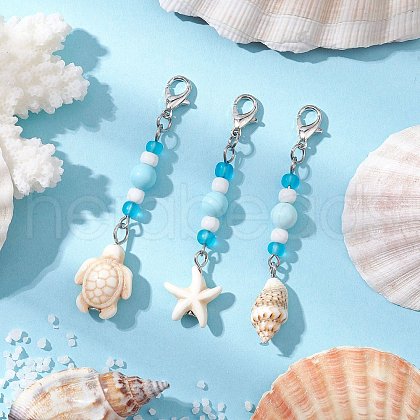 3Pcs Ocean Theme Synthetic Turquoise Charm & Glass Beads Pendant Decorations HJEW-JM03155-1