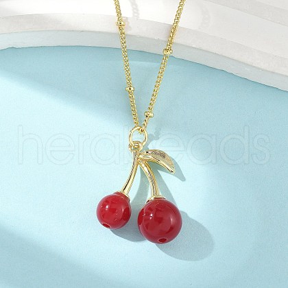 Brass Resin Fruit Cherry Pendant Satellite Chain Necklaces for Women NJEW-D306-02G-B-1