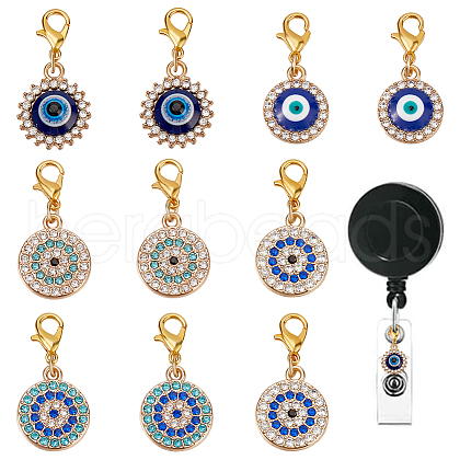 10Pcs 5 Style Evil Eye Alloy Rhinestone Badge Reel Pendant Decoration HJEW-DR00046-1
