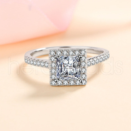 Square Rhodium Plated 925 Sterling Silver Pave 5.5mm Cubic Zirconia Finger Rings for Women WG02E28-16-1