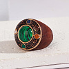 Flat Round Wood & Resin & Synthetic Malachite Finger Rings FS-WG75D49-01-1