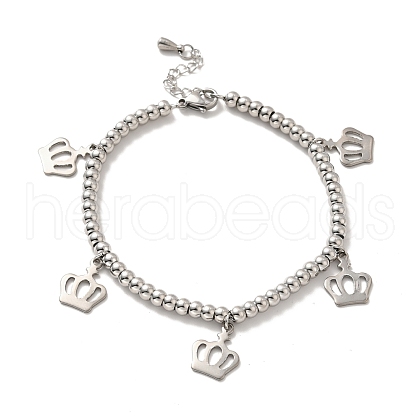 304 Stainless Steel Crown Charm Bracelet with 201 Stainless Steel Round Beads for Women BJEW-B057-23P-1