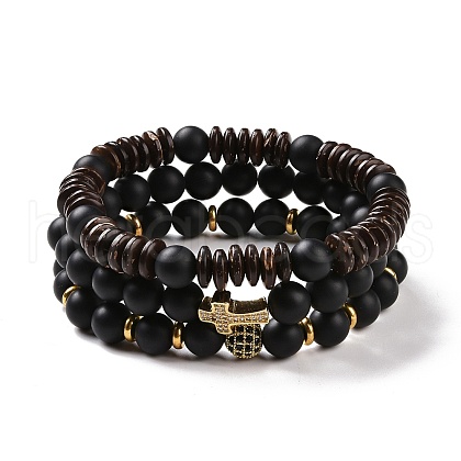 3Pcs Natural Dyed & Heated Black Agate and Coconut Beads Stretch Bracelets Set BJEW-JB08933-1