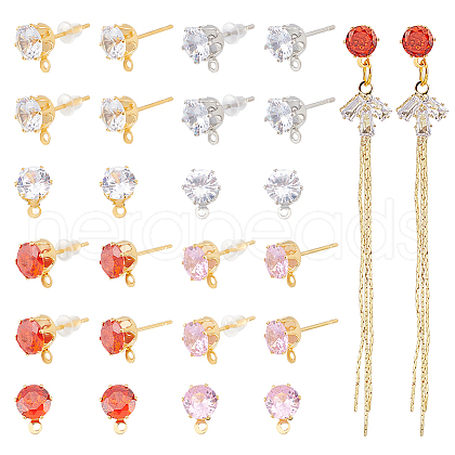 Unicraftale 12 Pairs 4 Colors Brass Cubic Zirconia Stud Earring Findings KK-UN0001-82-1
