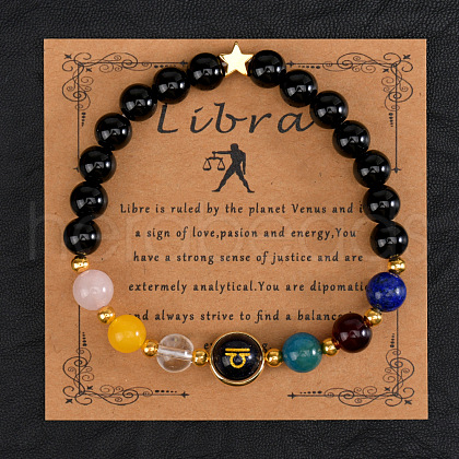 12 Zodiac Sign Natural Black Obsidian Round Beads Stretch Bracelets for Men Women WG228FC-06-1
