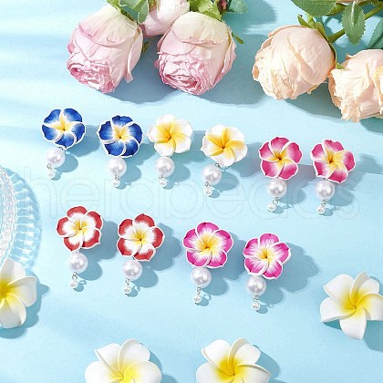 Polymer Clay 3D Plumeria Dangle Stud Earrings EJEW-JE06417-1
