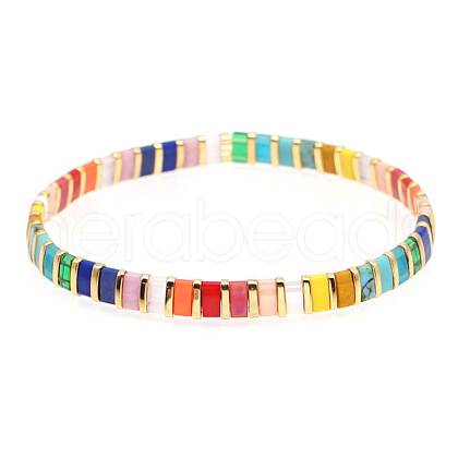 Bohemian Style Rainbow Tila Glass Bead Woven Stripe Bracelet for Women HA7493-2-1