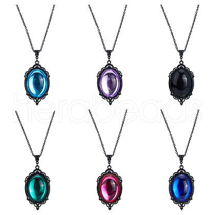 FIBLOOM 6Pcs 6 Colors Glass Oval Pendant Necklaces Set with Black Alloy Chains NJEW-FI0001-46-1