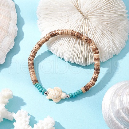 Natural Coconut with Synthetic Turquoise Beads Stretch Bracelets for Men Women BJEW-JB11743-01-1