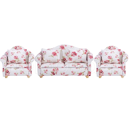 Wood & Fabric Floral Sofa Set Miniature Ornaments PW-WG40337-03-1
