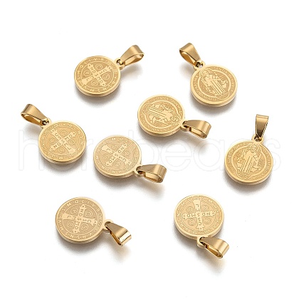 Flat Round with San Benito & Word 304 Stainless Steel Charms STAS-YW0001-98-1