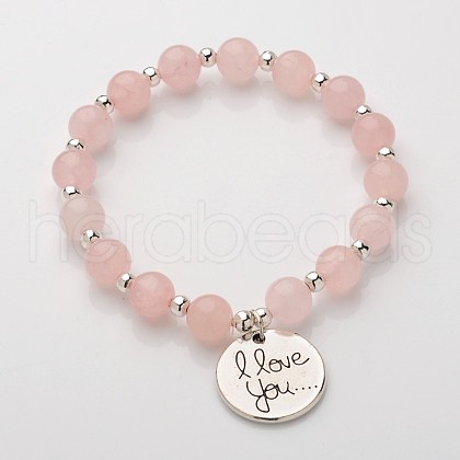 Flat Round with I Love You Natural Gemstone Beaded Charm Bracelets BJEW-JB01846-03-1
