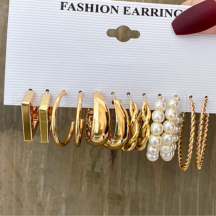 6Pairs Alloy Plastic Imitation Pearl Stud Earrings & Hoop Earrings WG38505-01-1