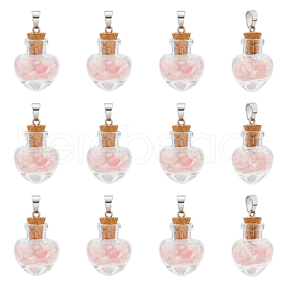 Unicraftale 12Pcs Heart Glass Bottle with Rose Quartz inside Pendants FIND-UN0001-92-1