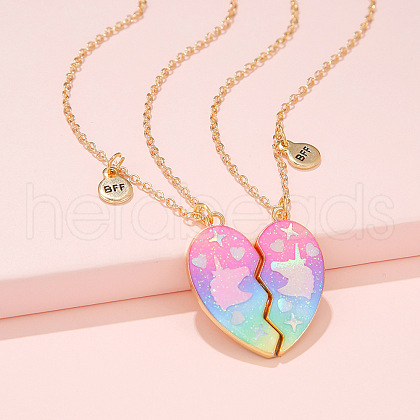 2Pcs Alloy Colorful Enamel Magnetic Unicorn Heart Pendant Friendship Necklaces for Women FS-WGC6FE6-02-1