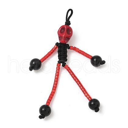 Halloween Theme Glass Seed & Natural Black Onyx & Synthetic Turquoise Beaded Pendants PALLOY-MZ00777-02-1