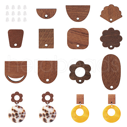 Fashewelry 22Pairs 11 Style Walnut Wood Stud Earring Findings MAK-FW0001-01-1