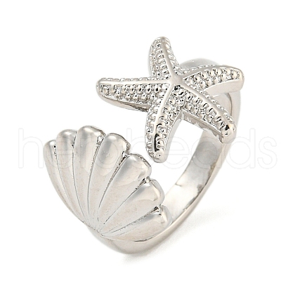 Starfish & Shell Rack Plating Brass Open Cuff Rings RJEW-N047-02P-RS-1