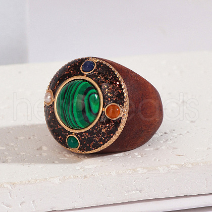 Flat Round Wood & Resin & Synthetic Malachite Finger Rings FS-WG75D49-01-1