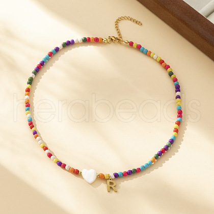 Heart Natural Shell & Colorful Glass Seed Round Beaded Necklaces FS-WGE10D5-17-1