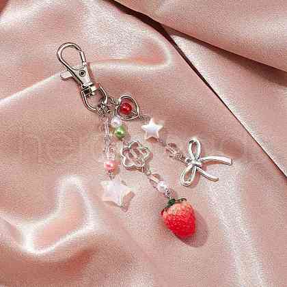 Resin Strawberry & Alloy Bowknot Pendant Decorations HJEW-JM02870-1